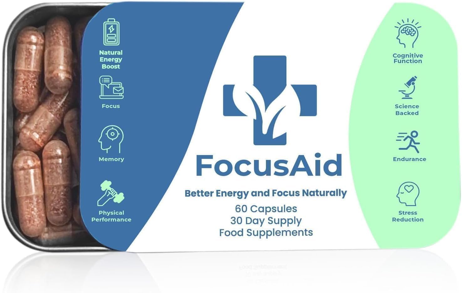 Focus Aid's Nootropics Brain Supplements for Adults - Natural Focus Supplement Supports Cognitive Function, Focus & Energy with Natural Brain Boosters Like Lions Mane, Ashwagandha & More, 60 Pills