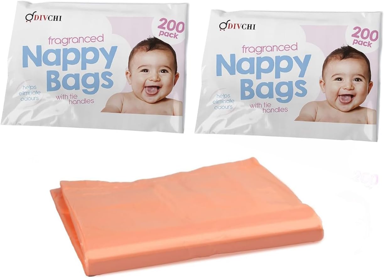 DIVCHI Baby Disposable Diaper Sacks Bags Dispenser Antibacterial Power Scented Nappy Disposal Bags Easy-Tie for Travel - 2 x 200 Pack (400 in Total)