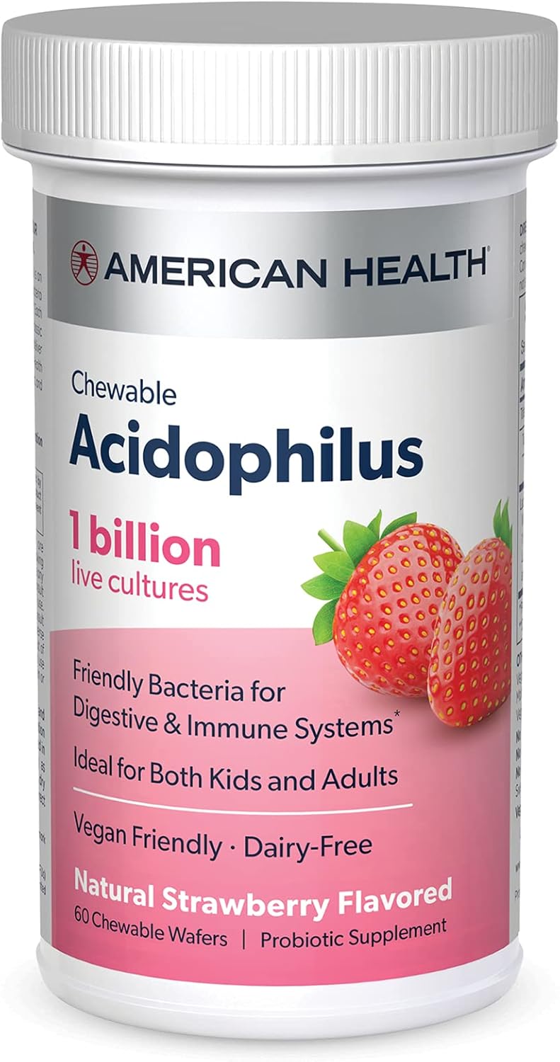 AMERICAN HEALTH Daily Chewable Tablet Acidophilus, 1 Billion Live Cultures, Beneficial Bacteria for The Digestive & Immune Systems, Strawberry, 60 Count