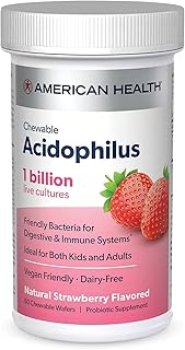 AMERICAN HEALTH Daily Chewable Tablet Acidophilus, 1 Billion Live Cultures, Beneficial Bacteria for The Digestive & Immune Systems, Strawberry, 60 Count