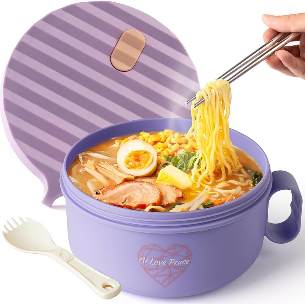 AI LOVE PEACE Ramen Bowl, 40 oz Microwaveable Noodle Cooker for Ramen, Pho, Soup, and Pasta, Dishwasher Safe and Portable, Ideal for Home, Office, Dorm, or Gift (Purple)