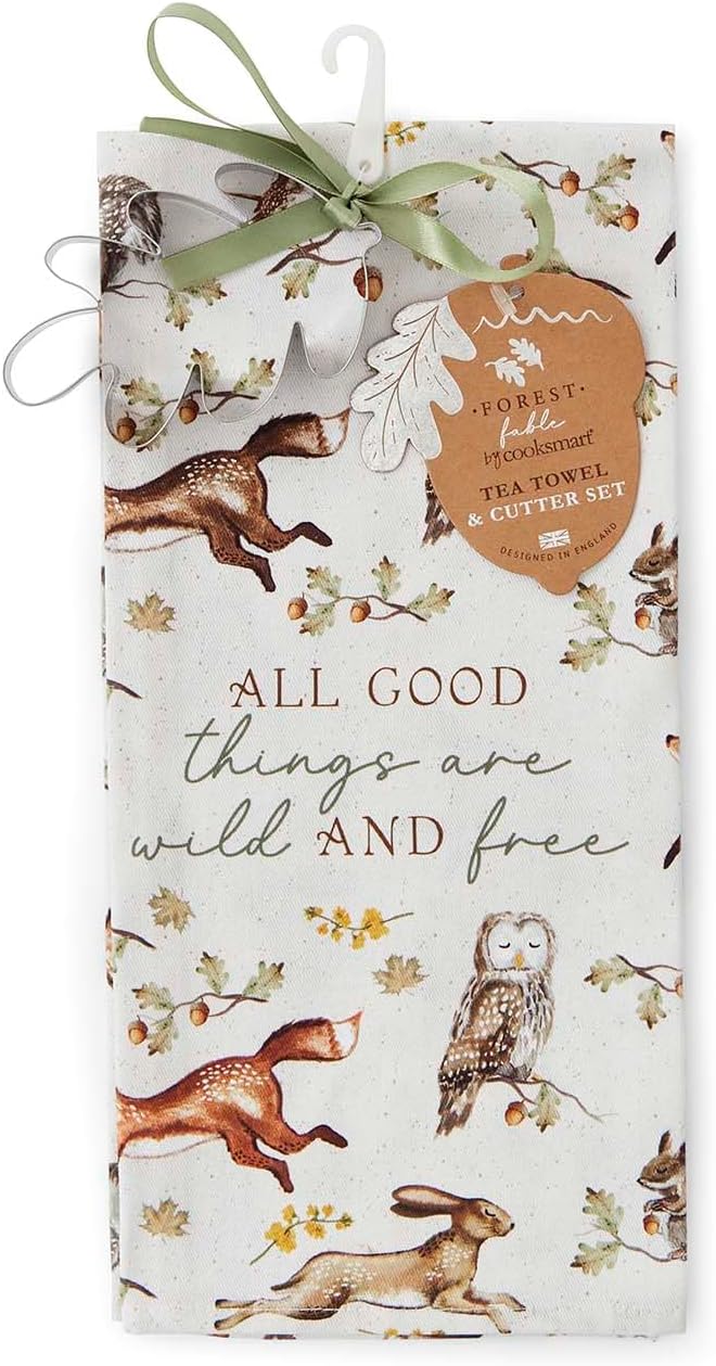 Cooksmart Forest Fable Tea Towel & Leaf Shaped Cutter Set | British Designed 100% Cotton Kitchen Towel | Woodland Animal Print | Stainless Steel Cookie Cutter | Stylish & Practical Gift Set