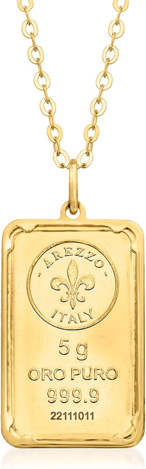 Ross-Simons Italian 24kt Yellow Gold Fleur-De-Lis 5-Gram Ingot Pendant Necklace With 14kt Gold Frame