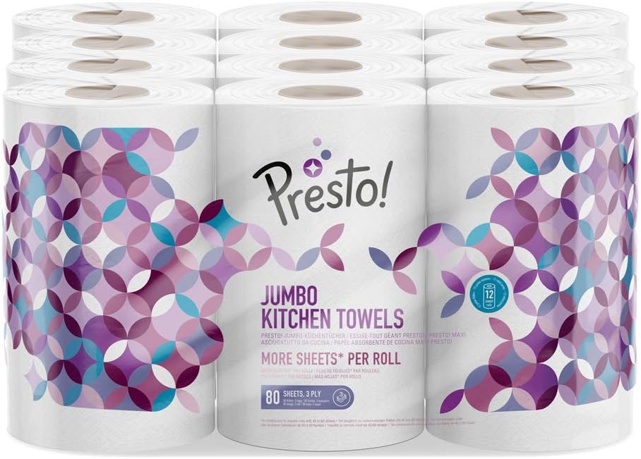Amazon Brand - Presto! Jumbo Kitchen Roll, 3-ply, Strong and Absorbent, 12 Rolls (4 Packs of 3), 80 Sheets per Roll, 960 Count, FSC Certified, White