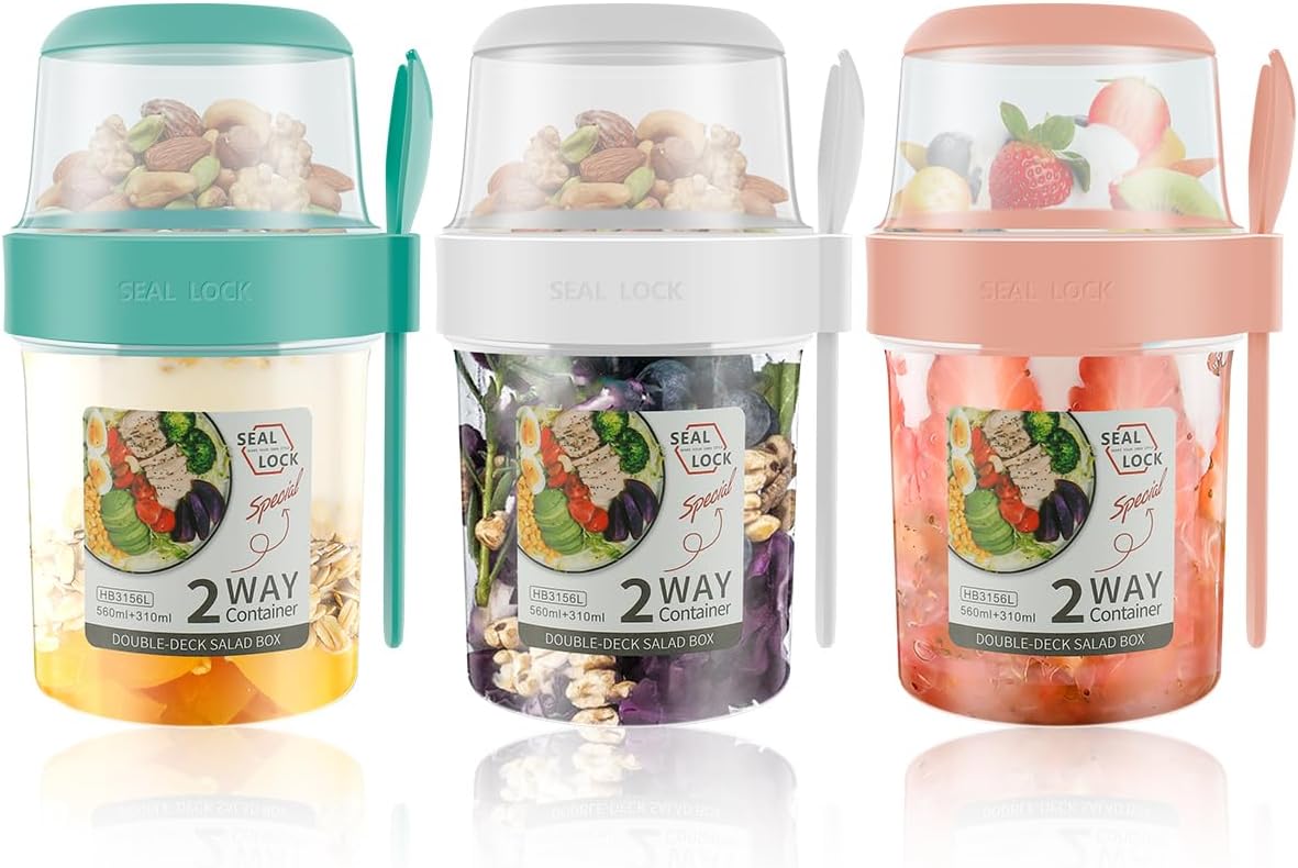 3 Pack Reusable Overnight Oats Container, Cereal Yogurt Cups Leak-Proof Breakfast Salad Cups with Lid and Spoon Portable Oatmeal Cup Breakfast On the Go Cups for School Office Travel