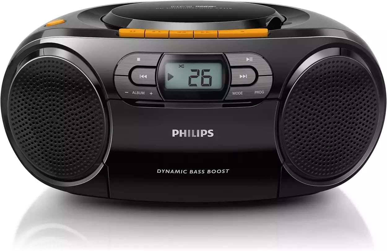 Philips Portable CD Player Boombox - Portable MP3 Player and Cassette Tape Player, Boom Box Compact Stereo Sound System with Dynamic Bass Boost, Take Your Music Outside with USB HiFi Music Player