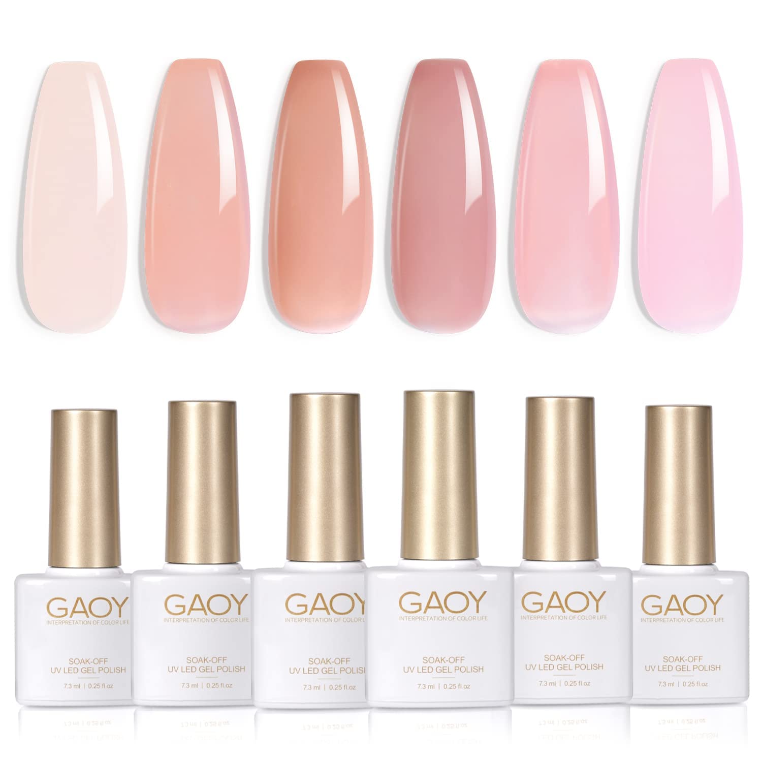 GAOY Jelly Nude Pink Gel Nail Polish Set, 6 Transparent Sheer Colors Soak Off UV Light Cure Gel Polish Kit for Salon and Nail Art DIY at Home