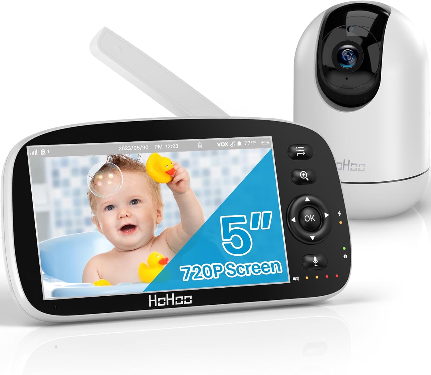 Baby Monitor, 5" 720P HD Split Screen, 30 Hours Battery Life Baby Monitor with Camera and Audio|Remote PTZ, Two-Way Audio, Zoom, Night Vision, Lullabies, 960ft Long Range