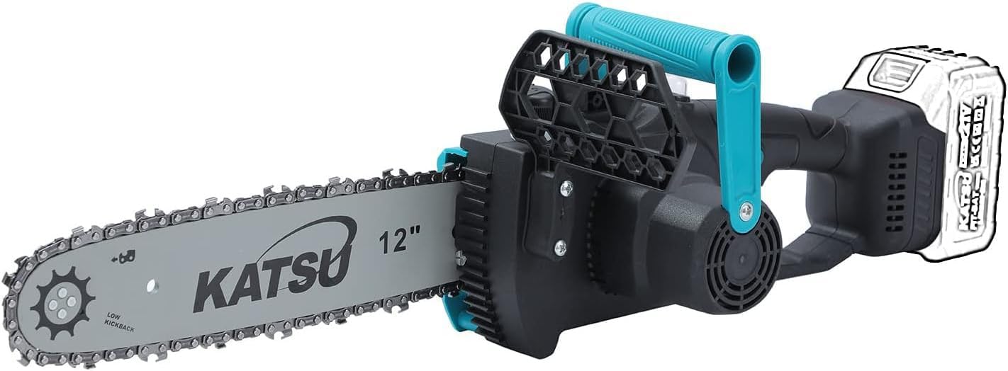 KATSU FIT-BAT 21V Brushless Cordless Electric Chainsaw 12-Inch Guide Bar and Blade Chain for Garden Trees Wood Cutting, Batteries and Charger Not Included 102736