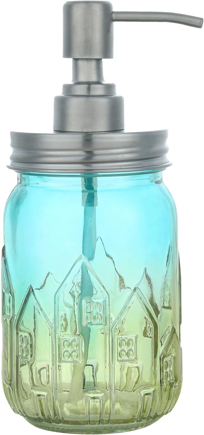 Soap Dispenser with Stainless Steel Pump, Refillable Liquid Hand Soap Dish Soap Dispensers for Bathroom Counter, Kitchen Sink (Bluegreen)