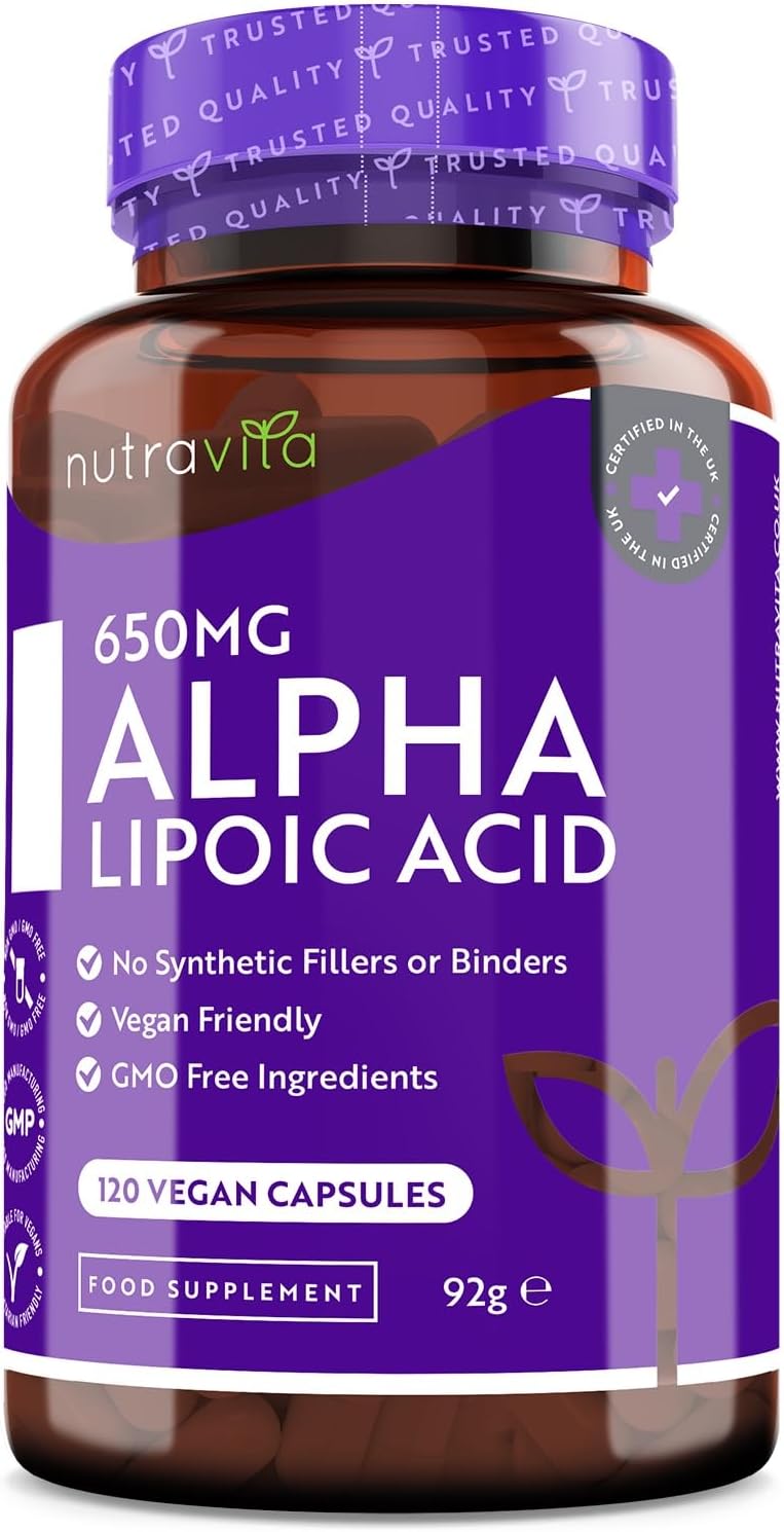 Alpha Lipoic Acid 650mg – 120 High Strength ALA Vegan Friendly Capsules – 4 Month Supply – Alpha-Lipoic Acid – No Synthetic Binders or Fillers – Made in The UK by Nutravita