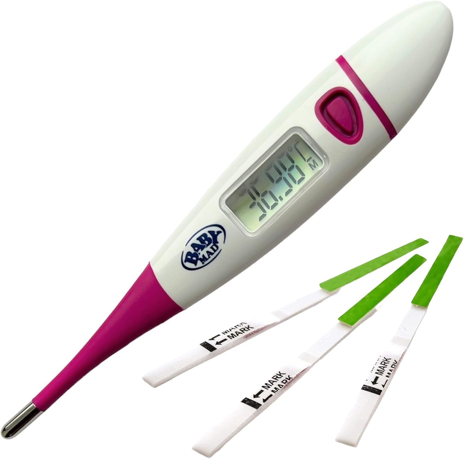BabyMad® Basal Thermometer (HOT Pink) + 30 x Ovulation Tests - Body Temperature Ovulation Test Thermometer (Centigrade) Flexible Tip + Free BBT Fertility Chart