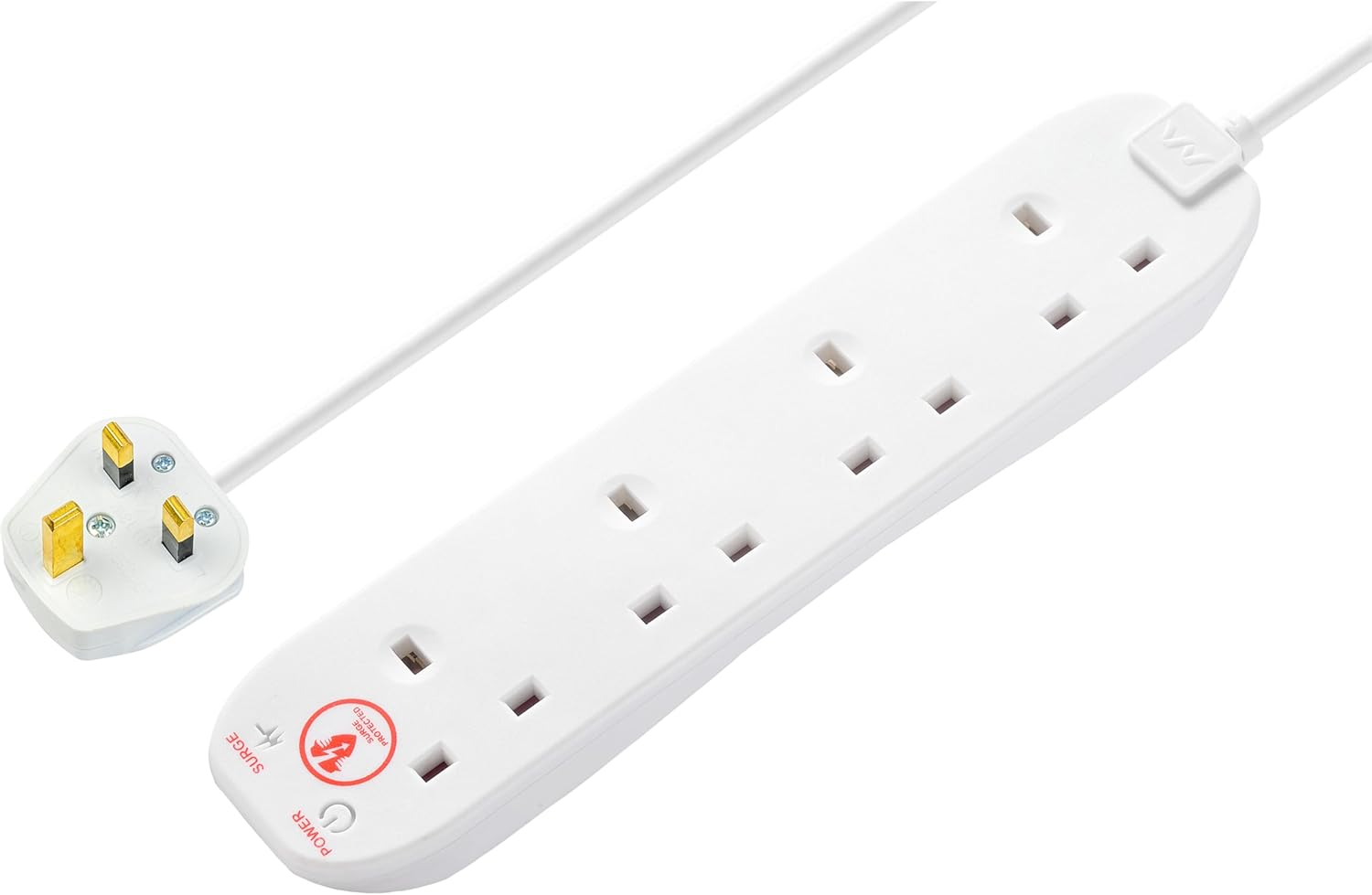 Masterplug Four Socket Extension Lead with Surge Protection, Power and Surge LED Indicators, Unswitched, 2 Metre Cable, 4-Way Plug Extension Cable, Power Strip, White, 13A, 4G, 2m, SRG4210N