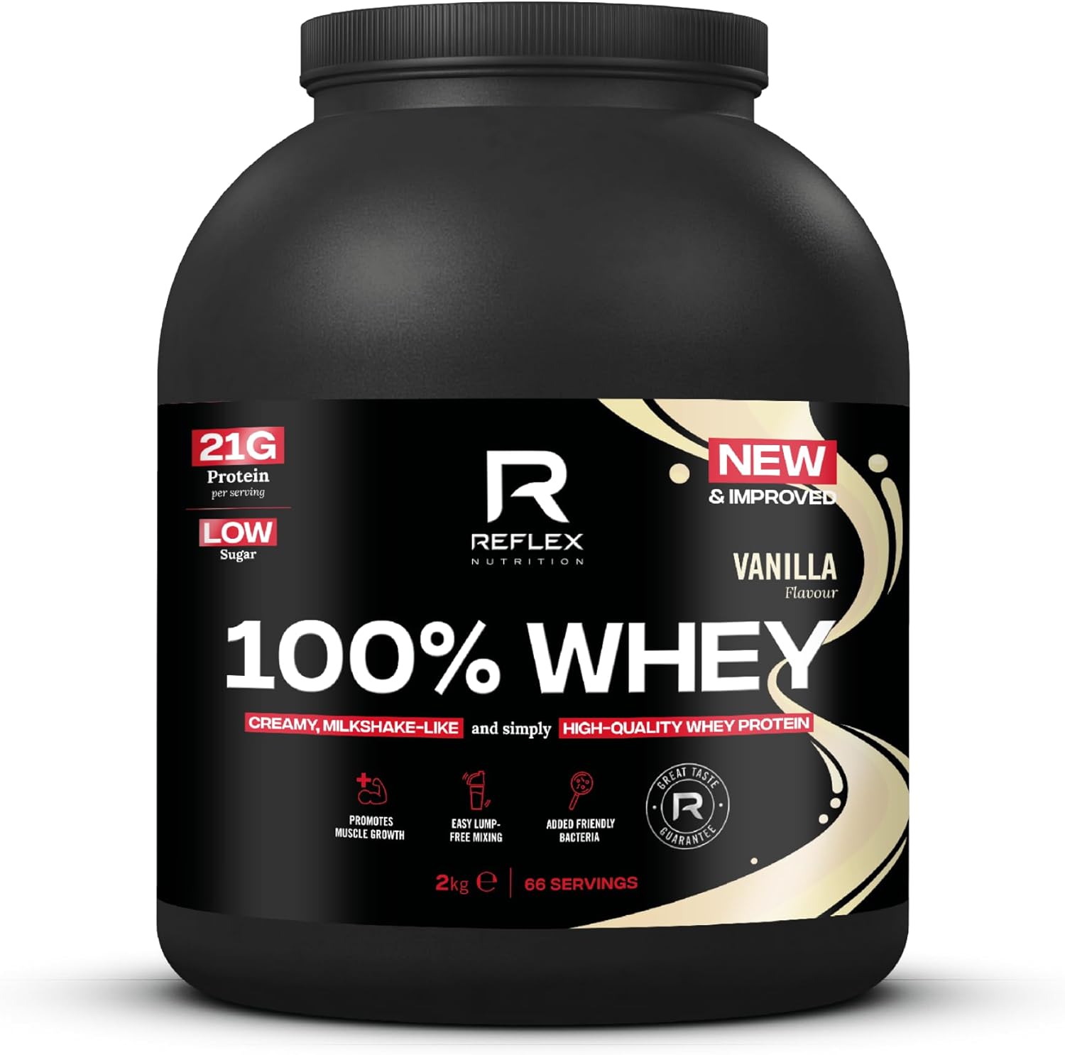 Reflex Nutrition 100% Whey Protein - 80% Pure Whey Protein - EAA Amino Acids - No Added Sugar - Whey Protein Powder for Pre Workout & Post Workout Recovery (Vanilla, 2kg, 66 Servings)