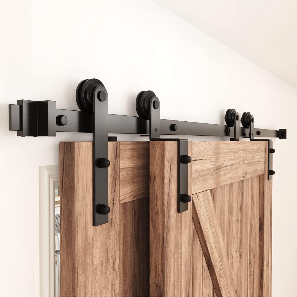 WINSOON 200cm/6.6FT Single Track Bypass Sliding Door Track Double Door Kit, Heavy Duty Barn Sliding Door Closet Kit, Frosted Black Carbon Steel I Shape Hanger, Fit Double 100cm Wide Door