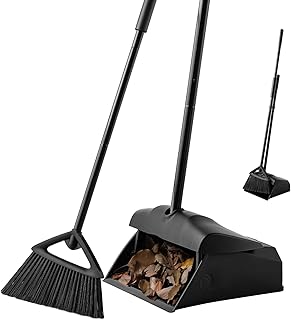 Eyliden Commercial Angle Broom and Dustpan Combo, with Long Handle, Lobby Dust Pan Sweep Set for Outdoor Garages Courtyard Sidewalks Decks Indoor Home Kitchen Room Office (Black Broom+Dustpan)