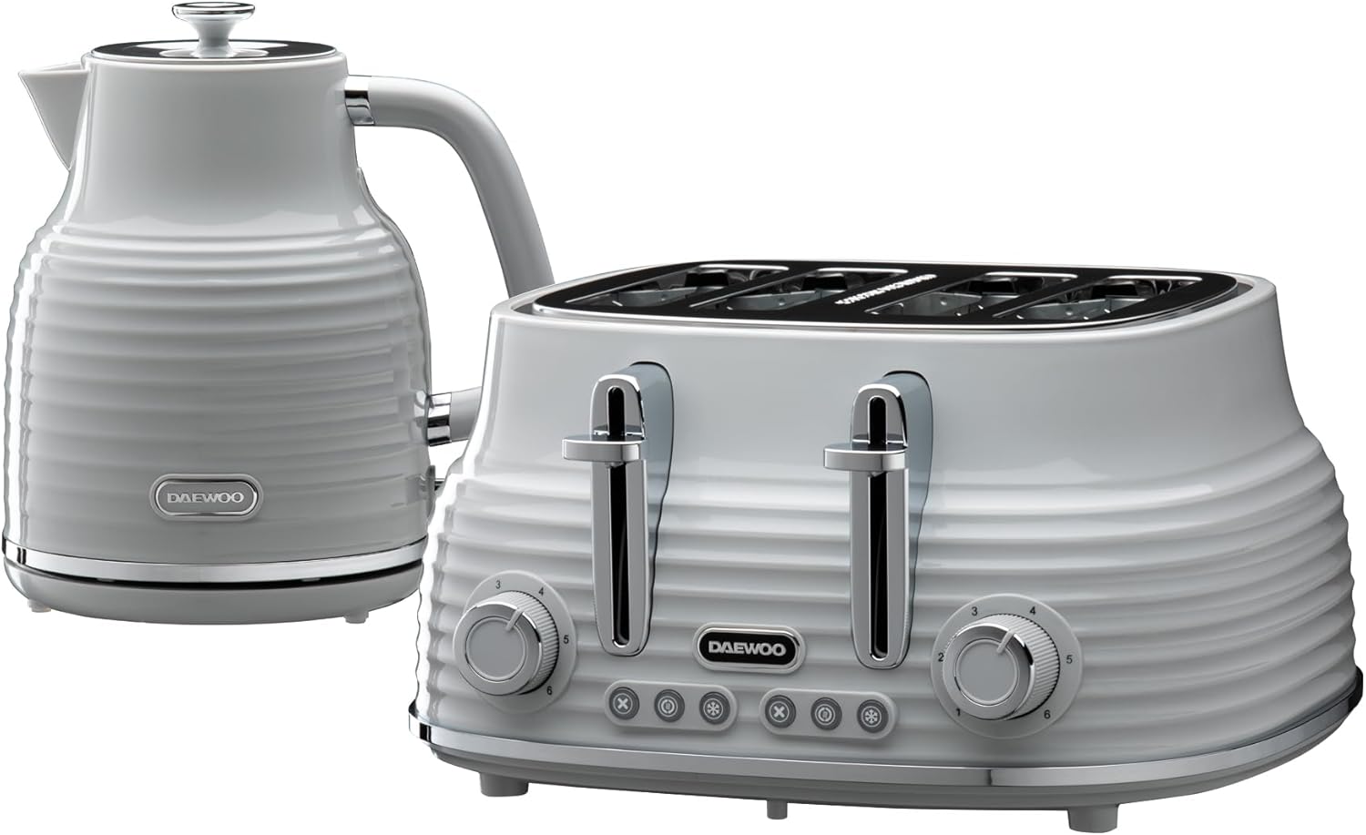 Daewoo Sienna Kettle and Toaster Set, 1.7L 3KW Rapid Boil Kettle & 4 Slice Wide Slot Toaster, Defrost, Reheat, Browning Control, Stylish Grey Breakfast Bundle