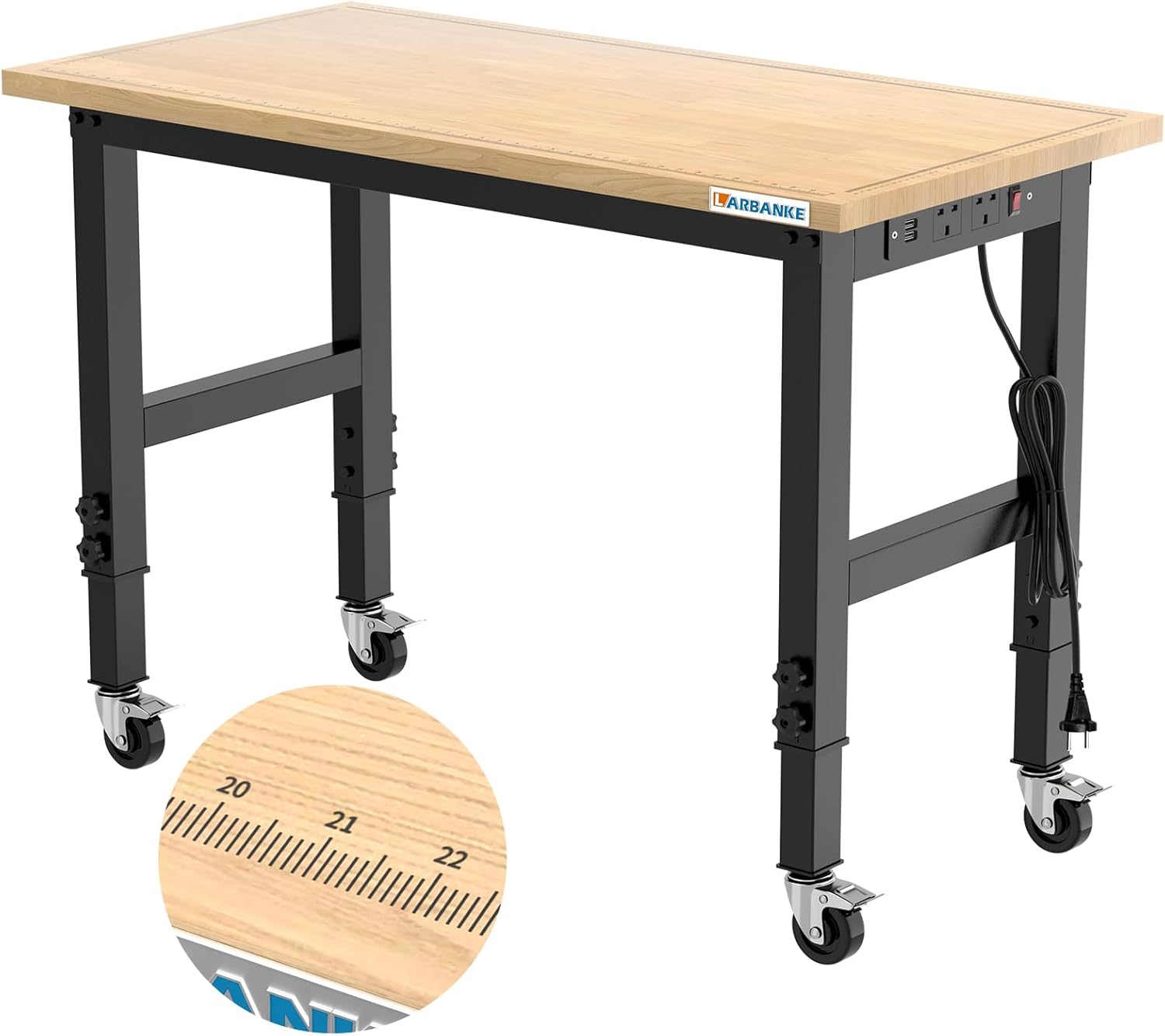 LARBANKE 120 cm Heavy Duty Workbench for the Garage,Rubber Wood Workbench has Adjustable 5 Different Heights,Hardwood Work Table,Weight Capacity Over 900 kg,for Workshop,Garage,Office and Home