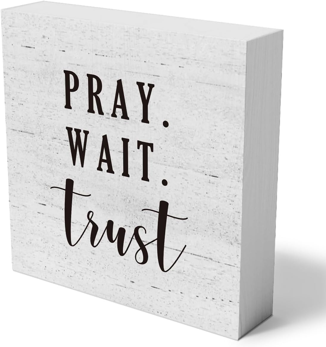 mmiishe Pray Wait Trust Christian Wooden Box Sign Decorative Farmhouse Scripture Wood Box Sign Home Decor Rustic Square Desk Decor Sign for Shelf 5 x 5 Inches