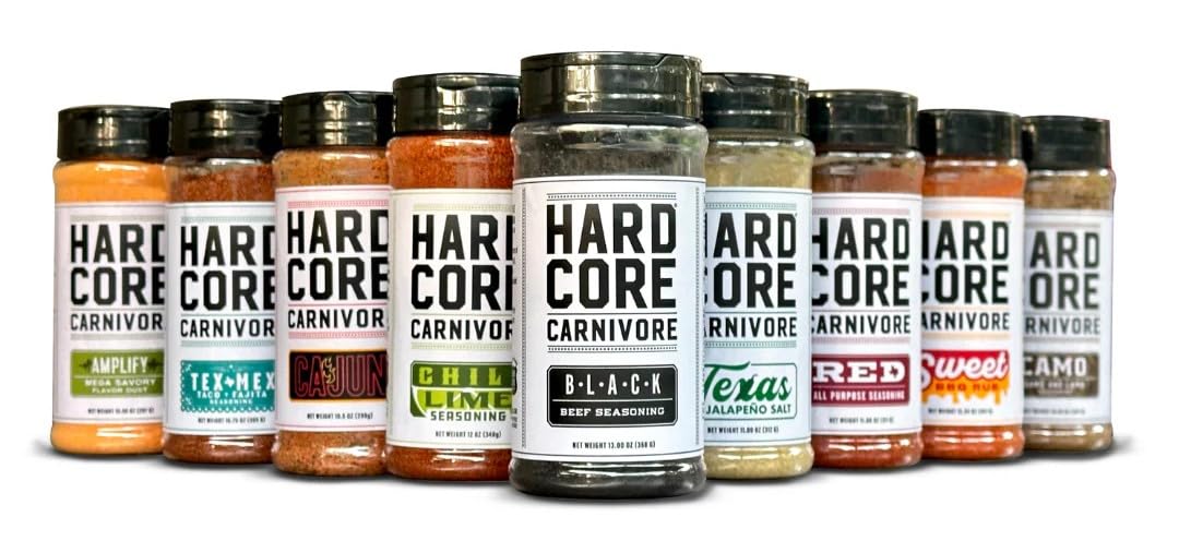 Hardcore Carnivore MAX PACK : Black beef seasoning, Red all-purpose seasoning, Amplify savory flavor dust, Camo game and lamb seasoning, TexMex seasoning, Texas Jalapeno Salt, Sweet BBQ rub seasoning, Chili Lime tangy/spicy seasoning, Cajun seasoning (9 pk)