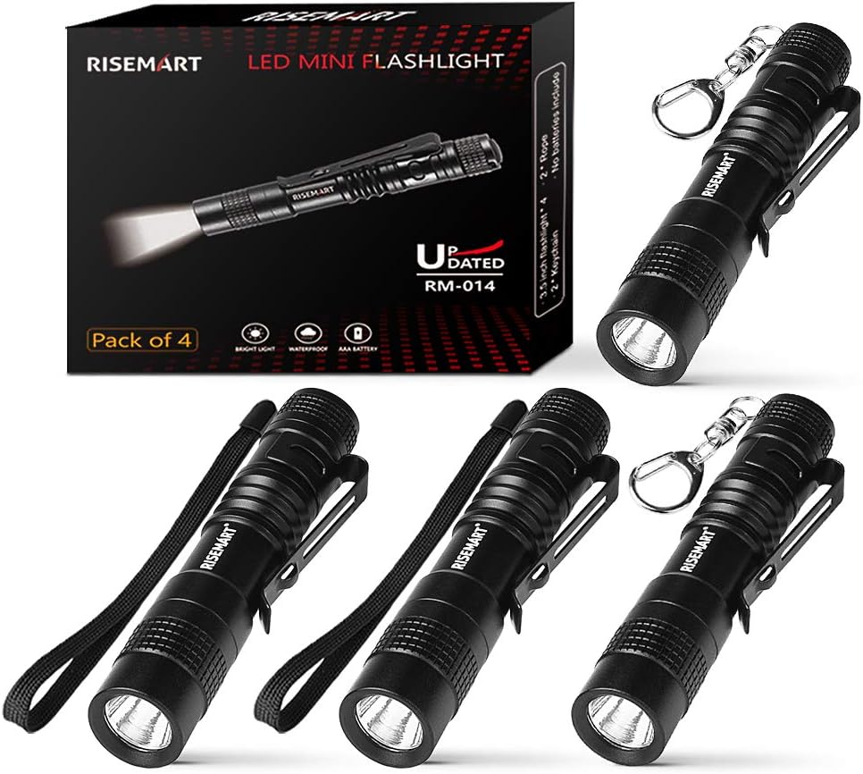 RISEMART Keychain Flashlight, Small Mini Pocket Led Pen Light Super Bright EDC Waterproof 3.5inch Portable with Clip and AAA Battery (Pack of 4) for Inspection, Hiking, Camping