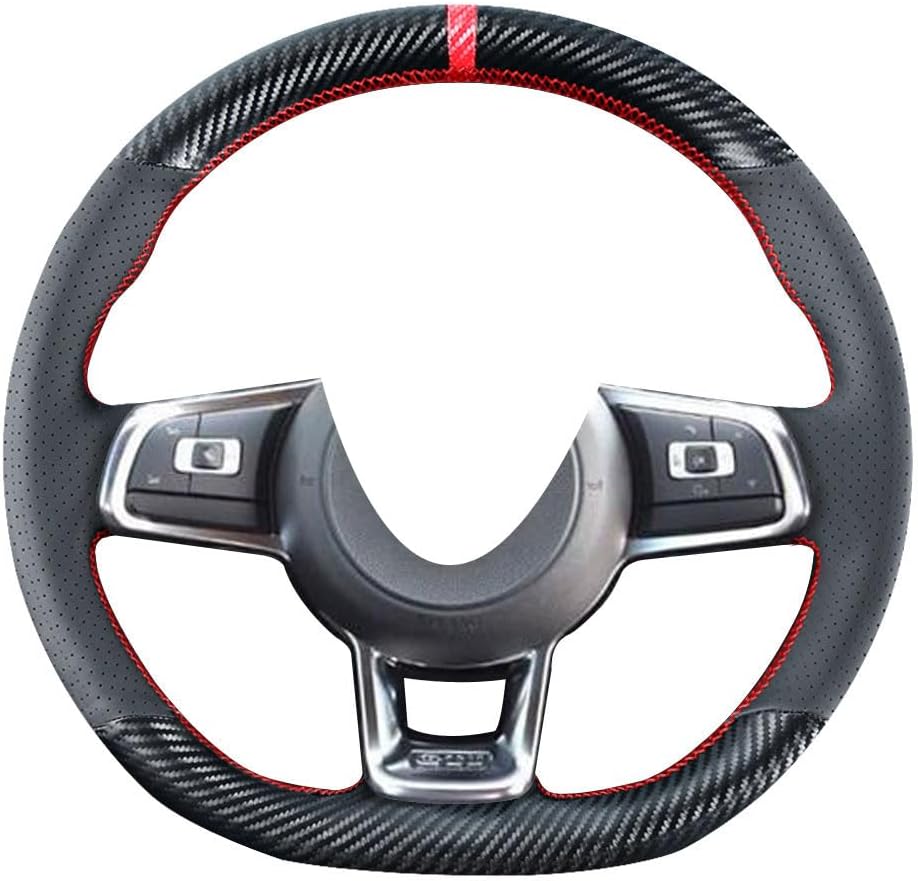 Kivnto DIY Stitching Carbon Fiber Steering Wheel Cover for Volkswagen VW Golf GTI 7 MK7 Golf R Jetta 2.0T GLI 2015 2016 2017 2018 2019 2020 2021 Black 15 inches Leather Interior Accessories