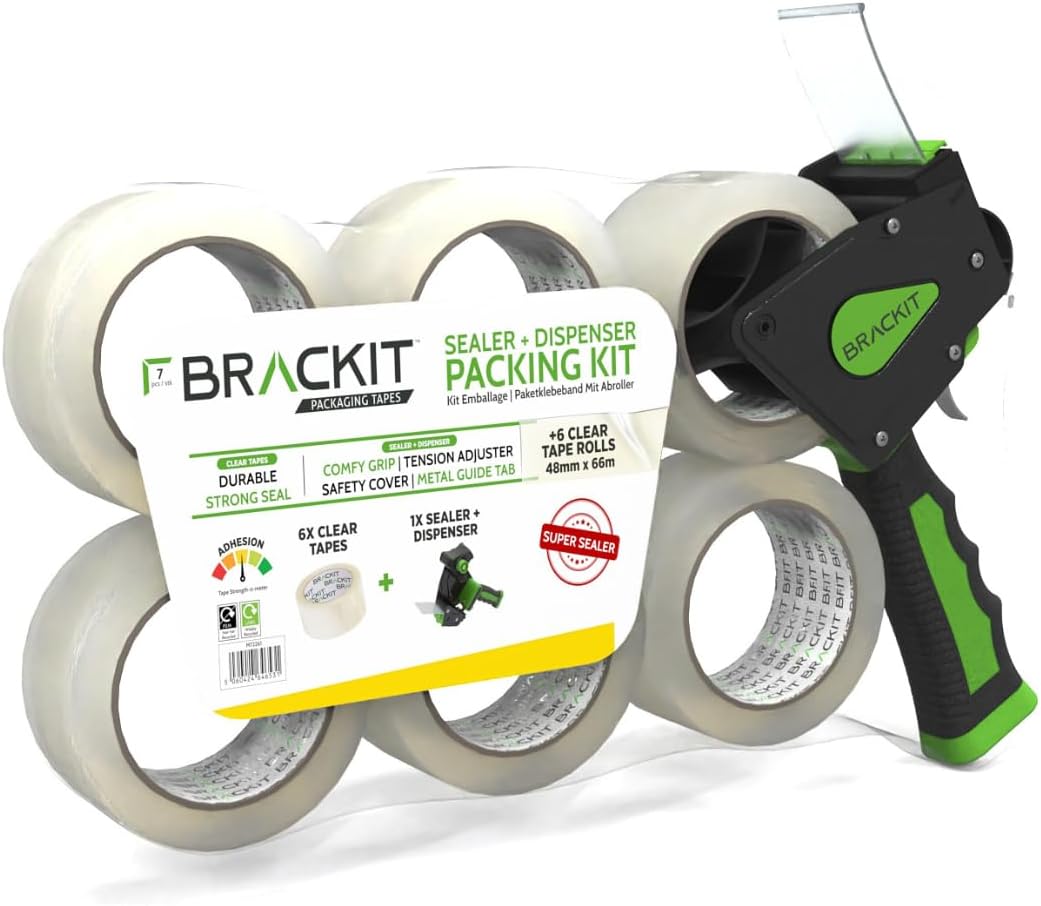 Bracket Tape Gun, Pack of 6 Clear Rolls 48mm x 66m Strong Heavy Duty Packing Tape for Regular Use or Moving – Easily Seals Your Parcels and Boxes