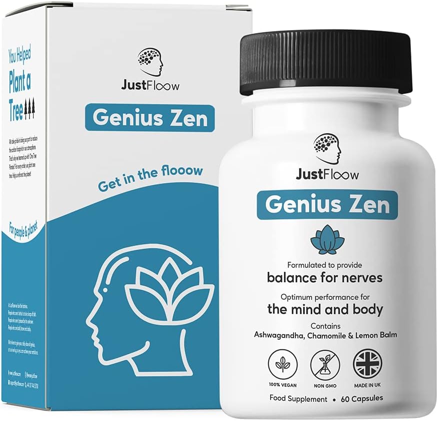 JustFloow Genius Zen® Stress Relief Supplement | 9 Active Calming Ingredients| Natural Relief of Anxiousness, Nervousness, and Irritability | Vegan & Gluten Free | 2 Month Supply