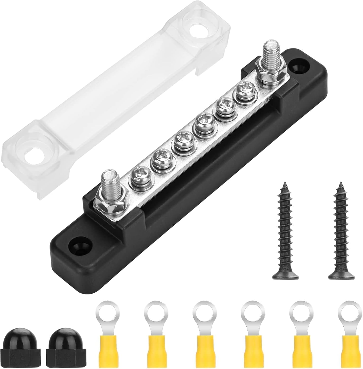 Linkstyle 150A Common 12V BusBar Power Terminal Blocks,12V- 48V Single-Row Covered Power Distribution Block with 2X M6 Studs 6X M4 Screws Terminals, for Car Boat Marine Caravan RV, Black