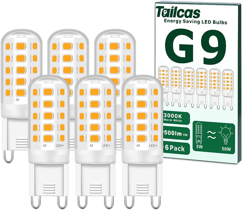 Tailcas G9 Led Light Bulbs, 5W Warm White, Equivalent to 40W-50W Halogen, 500lm 3000 Kelvin 220-240V No Flicker Non-Dimmable Energy Saving, for Home Lighting Decor 6-Pack [Energy Class E]