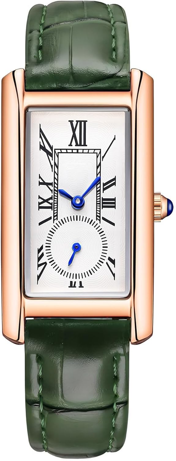 Women Quartz Watch Lady Stylish Rectangle Dress Watch with Leather Strap and Blue Crystal Crown