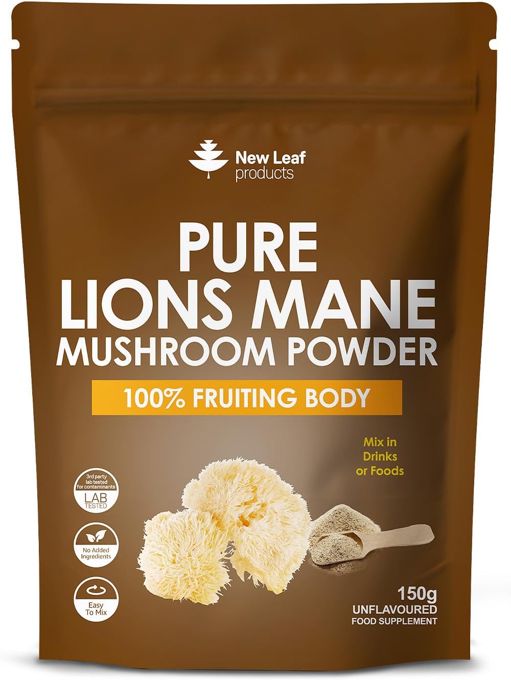 Lions Mane Mushroom Powder - Lions Mane Supplement High Strength 3000mg Mushroom Powder - 100% Fruiting Body Lion's Mane - 60 Servings Lions Mane Powder - Made in The UK by New Leaf