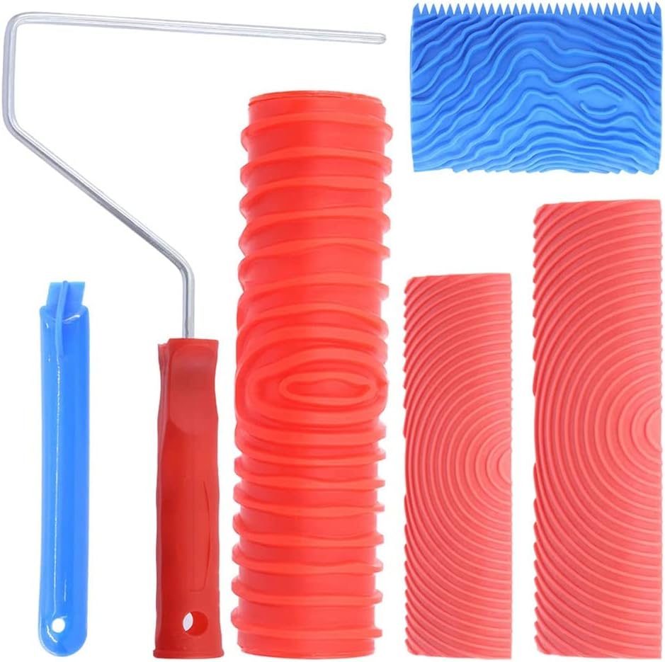 Qwertfeet 4Pcs Wood Graining Painting Tool Set, M21 MS16 Grain Texture Pattern Roller with Handle, for DIY Floor Furniture Home