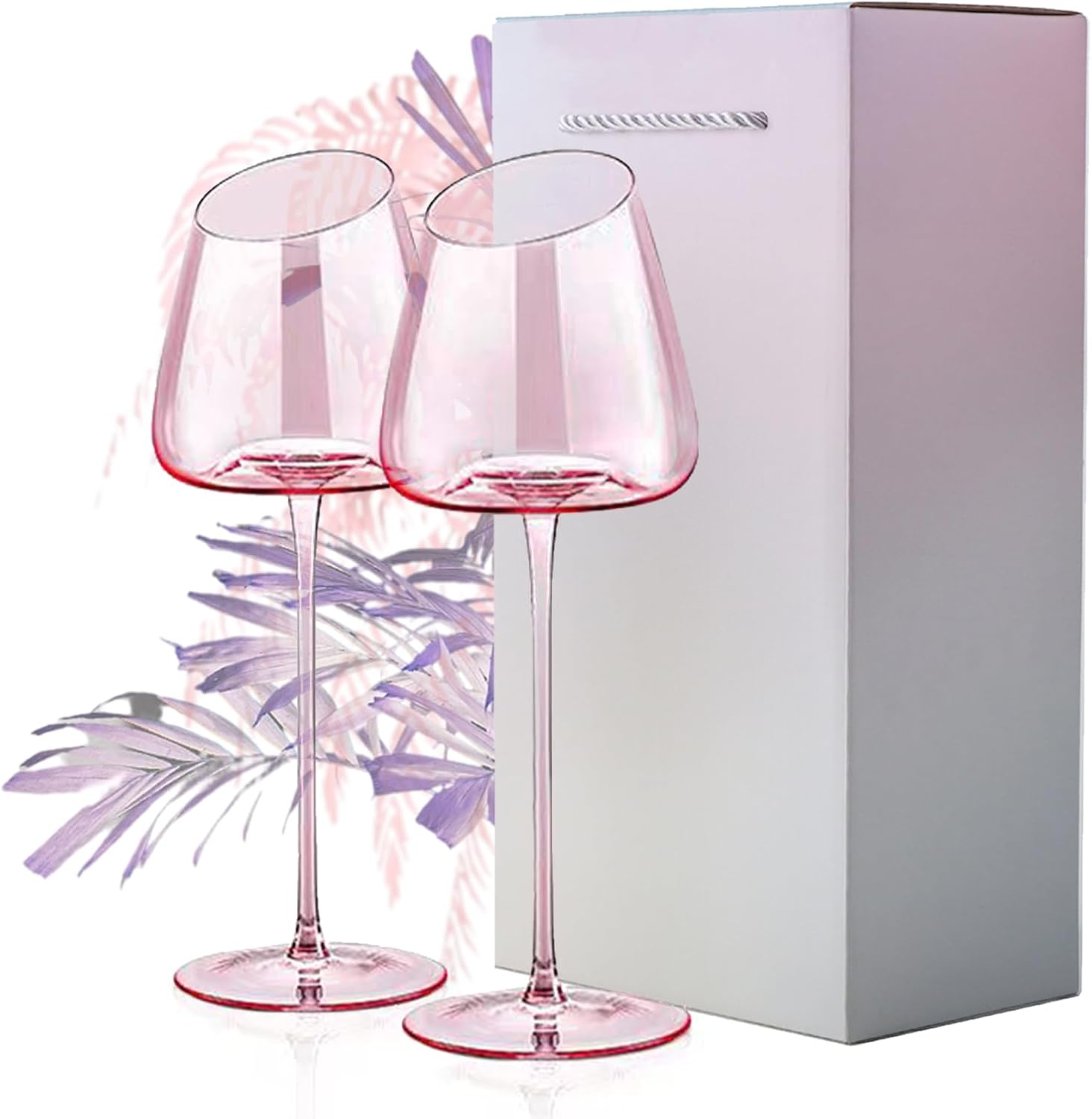 BlissKiss Pink Crystal Slanted Wine Glasses Stemware Set of 2 - Handcrafted, Lead-Free, Perfect for Special Occasions & Everyday Use, Gift-Ready Packaging, 500ml Capacity