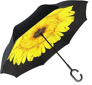 MRTLLOA 40/49/56 Inch Oversize Windproof Inverted Reverse Upside Down Umbrella, Golf Size Rain Umbrella, Double Layer, C-Shaped Handle for Men, Women and Kids (Sunflower, 49 Inch)