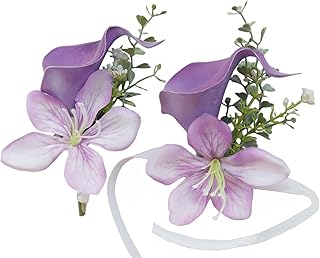 MAFELOE 2Pcs Party Prom Homecoming Artificial Calla Lily Corsage and Boutonniere Set, Groom Groomsmen Bride Bridesmaids Wedding Simulation Flowers Accessories Suit Decorations- Purple White