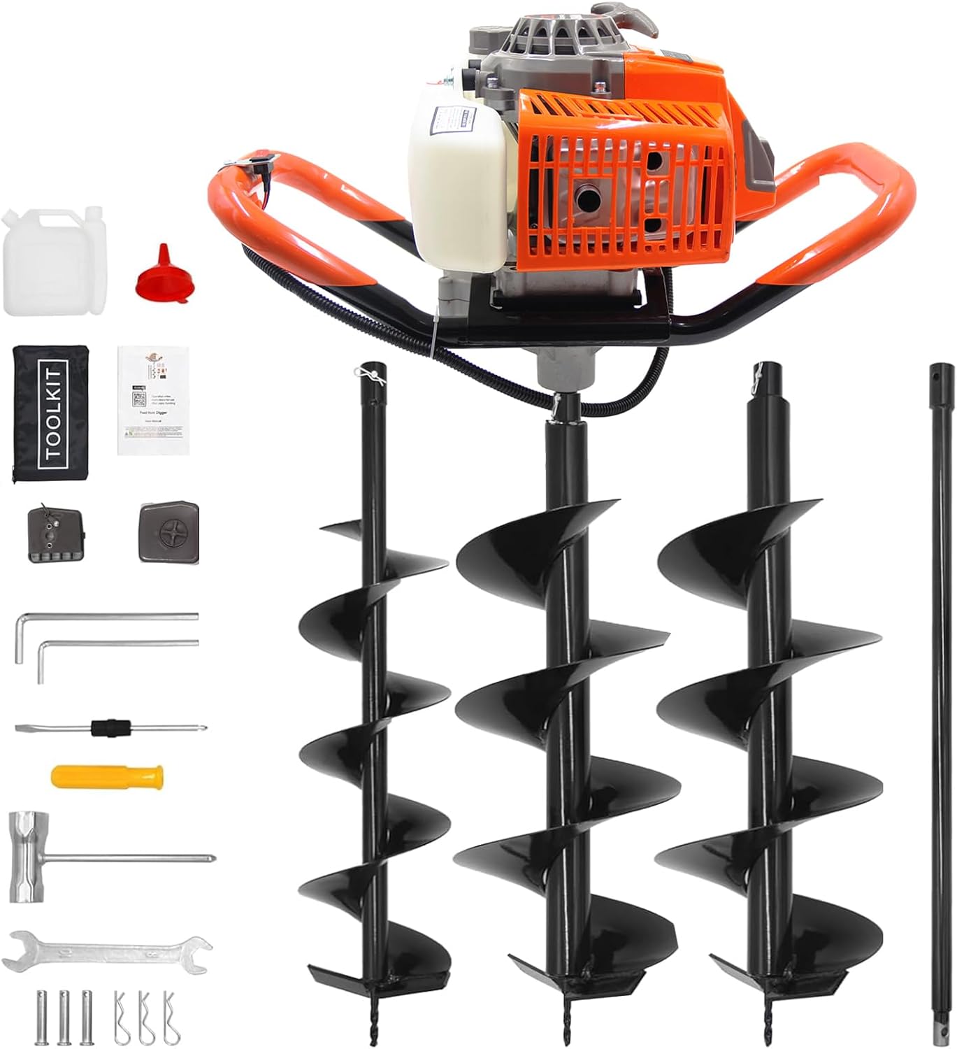 72CC Auger Post Hole Digger, 2 Stroke Gas Powered Earth Post Hole Digger with 2 Auger Drill Bits(6" & 8") + 1 Extension Rods for Farm Garden Plant, Orange (72CC)