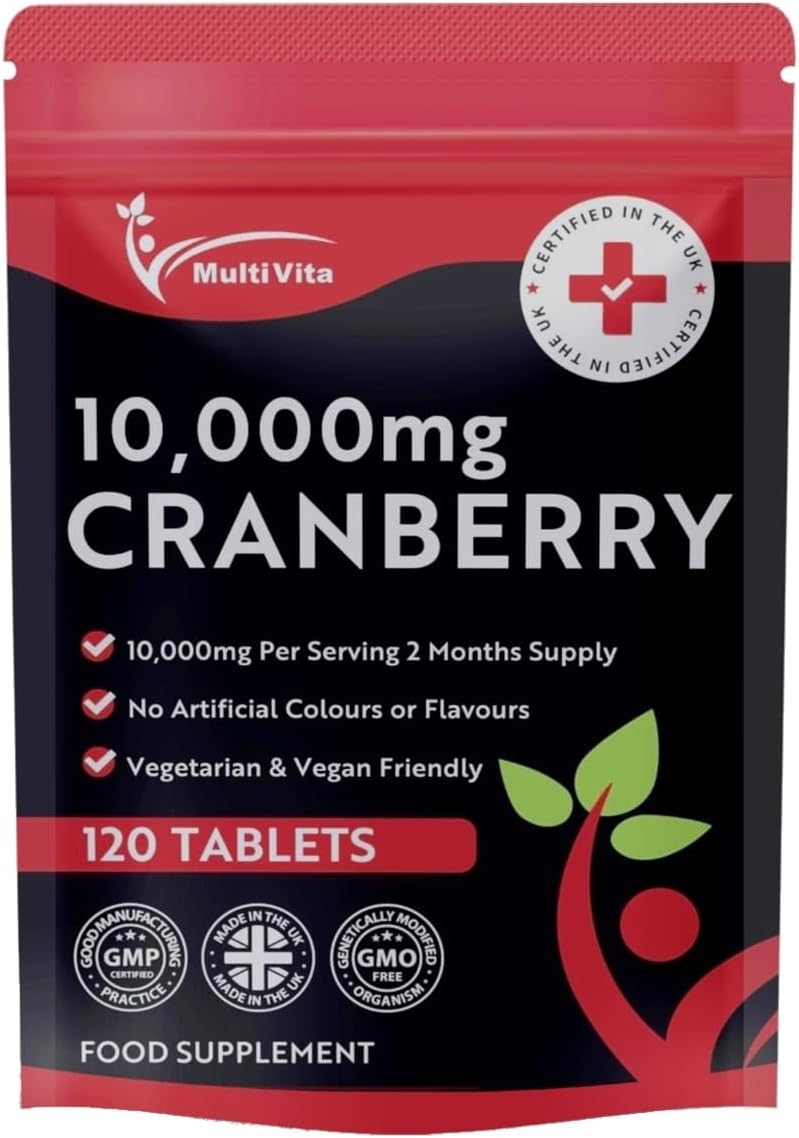 Cranberry Tablets 10,000mg 120 Vegan Tablets 2 Months Supply - High Strength Supplement for Women and Men Cranberry Extract for Urinary Tract Bladder and Kidney Support (not Capsules) UK Made GMO Free