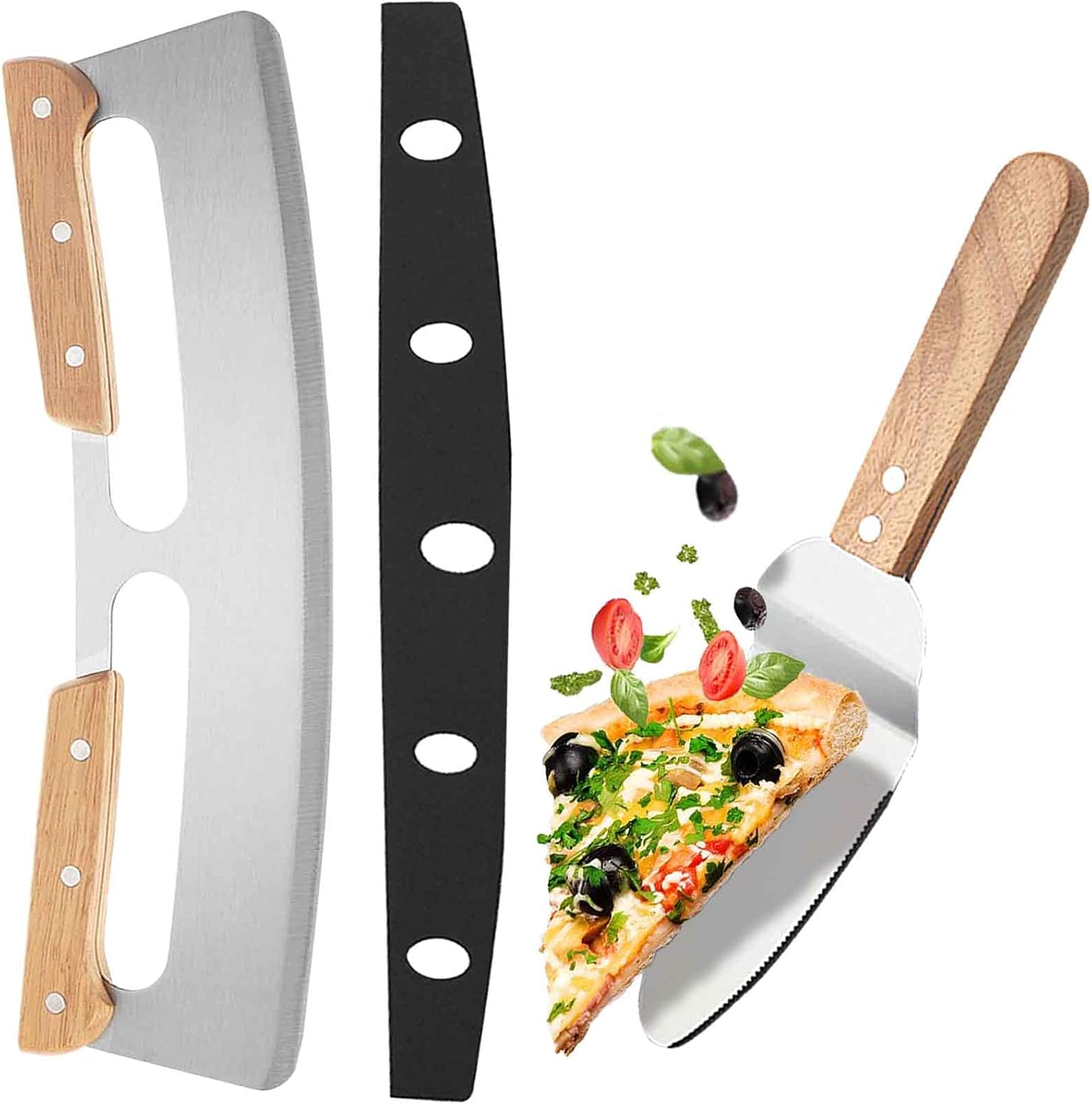 Pizza Cutter - Large Metal Pizza Slicer with Protective Cover & Wooden Handle + Cake Server Shovel, Stainless Steel Kitchen Set, Oven Accessories Tools for Homemade Baking Dough Bread BBQ (14 inch)