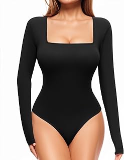 ALGALAROUND Women's Square Neck Short Sleeve Long Sleeve Bodysuits Basic Slim Fit Tops