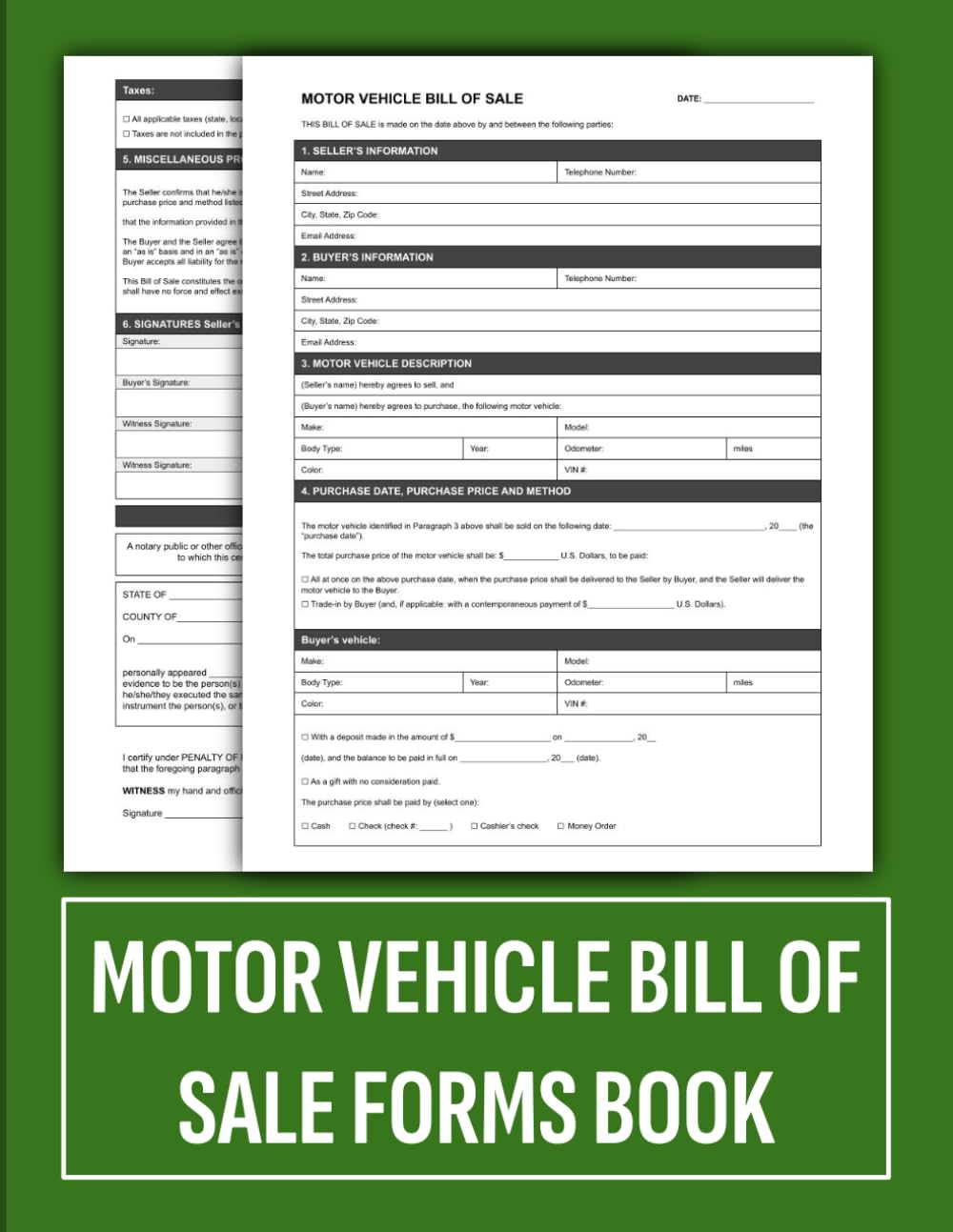 Motor Vehicle Bill of Sale Forms Book, Bill of Sale Form for Buying or Selling a Car, Truck, or Motorcycle | Vehicle Sales Agreement Forms | 60 Forms.