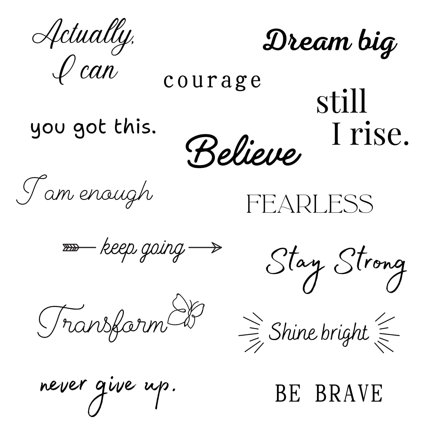 Believe Collection - Inspirational and Motivational Words Small Temporary Tattoos - Realistic Long Lasting Waterproof Black Mini Tattoos for Women and Men