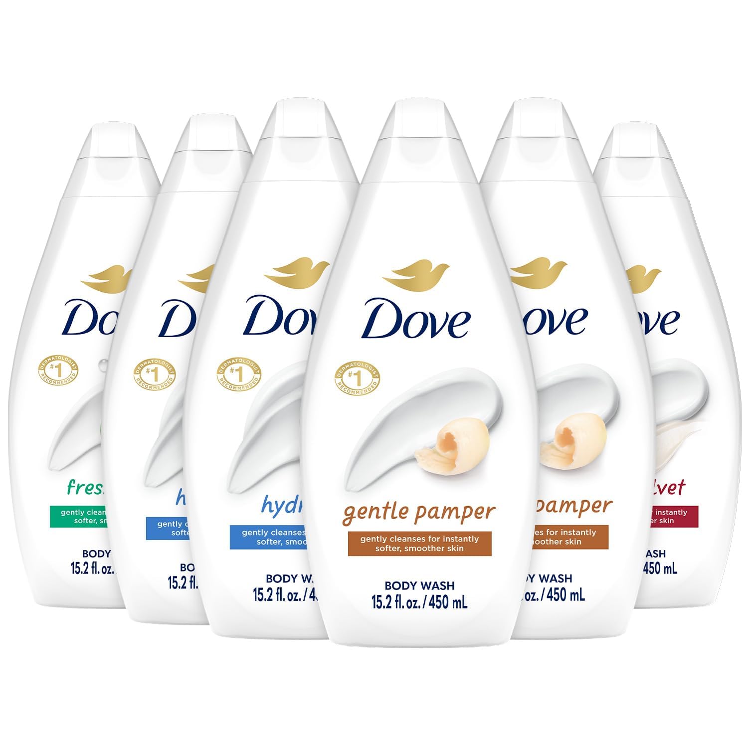 Dove Body Wash Variety 6-Pack – Hydrate, Gentle Pamper, Fresh Care, and Silky Velvet, 15.22 Oz Ea