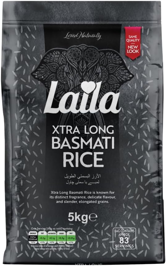 Laila Extra Long Grain Rice 5 Kg - 100 % Gluten Free - Extra Long Grain White Basmati Rice with Aroma Fragrant, Package May Vary