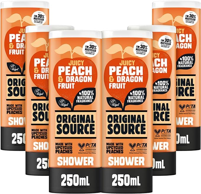 Original Source Juicy Peach & Dragonfruit Shower Gel with 100% Natural Fragrance, Vegan Shower Gel, Paraben Free Body Shower Wash, Multipack of 6 x 250ml
