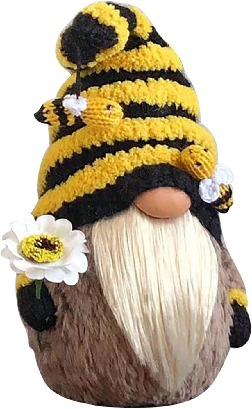 LANKOER Bee Gnome Plush Doll Decoration, Gnome Doll Dwarf Figurines for Garden Home Farmhouse Kitchen Decor, Bee Party Gift Knitted Wool Bumble Shape Ornaments for World Bee Day, Yellow, brown, black