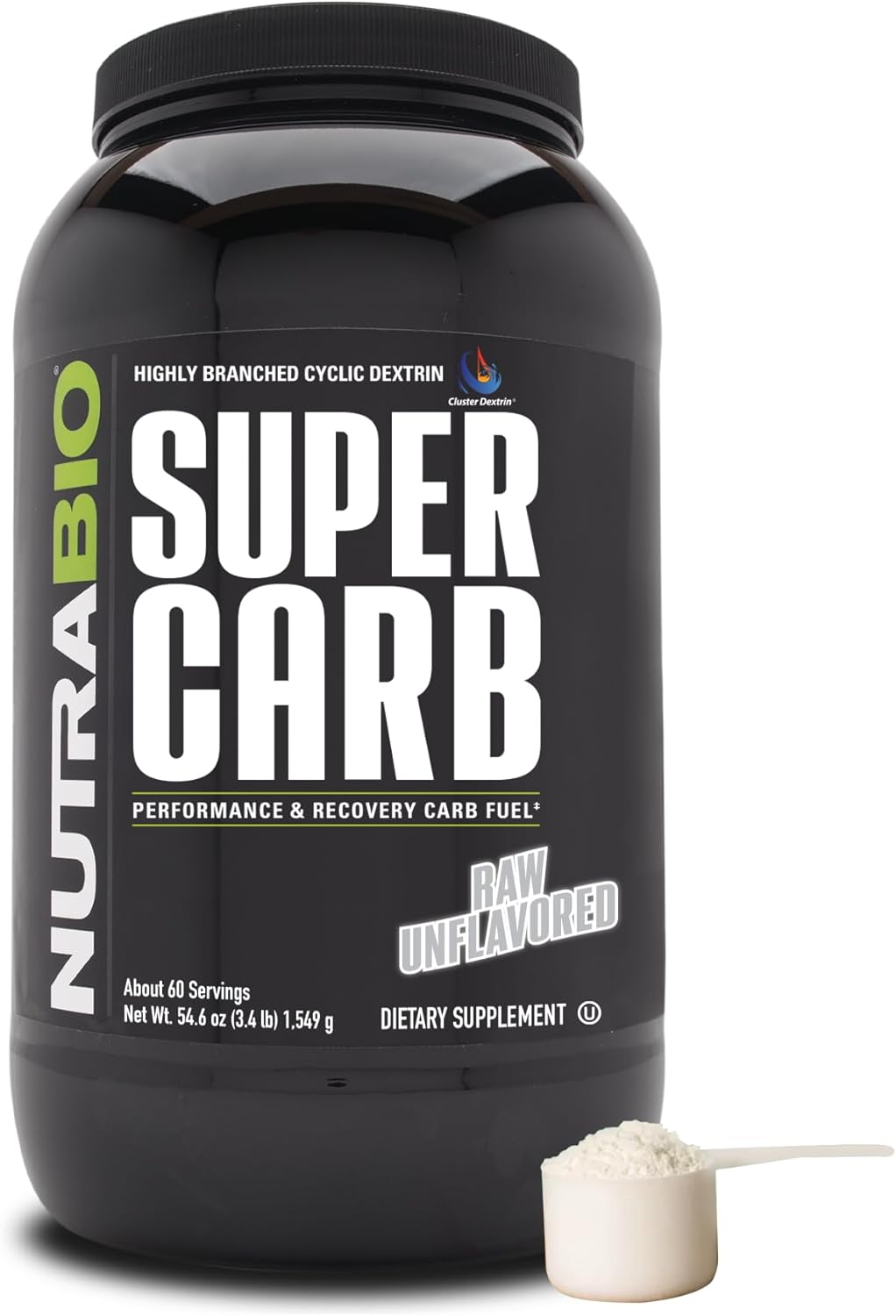 NutraBio Super Carb, Carbohydrate Powder with Cluster Dextrin & Electrolytes, Advanced Carb Supplement Powder for Workout Fuel, Performance, and Muscle Recovery, Cyclic Dextrin, Unflavored, 60 Sv