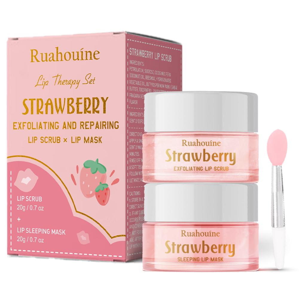 Strawberry Lip Scrub And Mask Set, Sugar Exfoliator Lip Scrub For Dark Lips To Lighten, Lip Care Kit, Sleeping Lip Mask, 1.4 oz / 2-piece