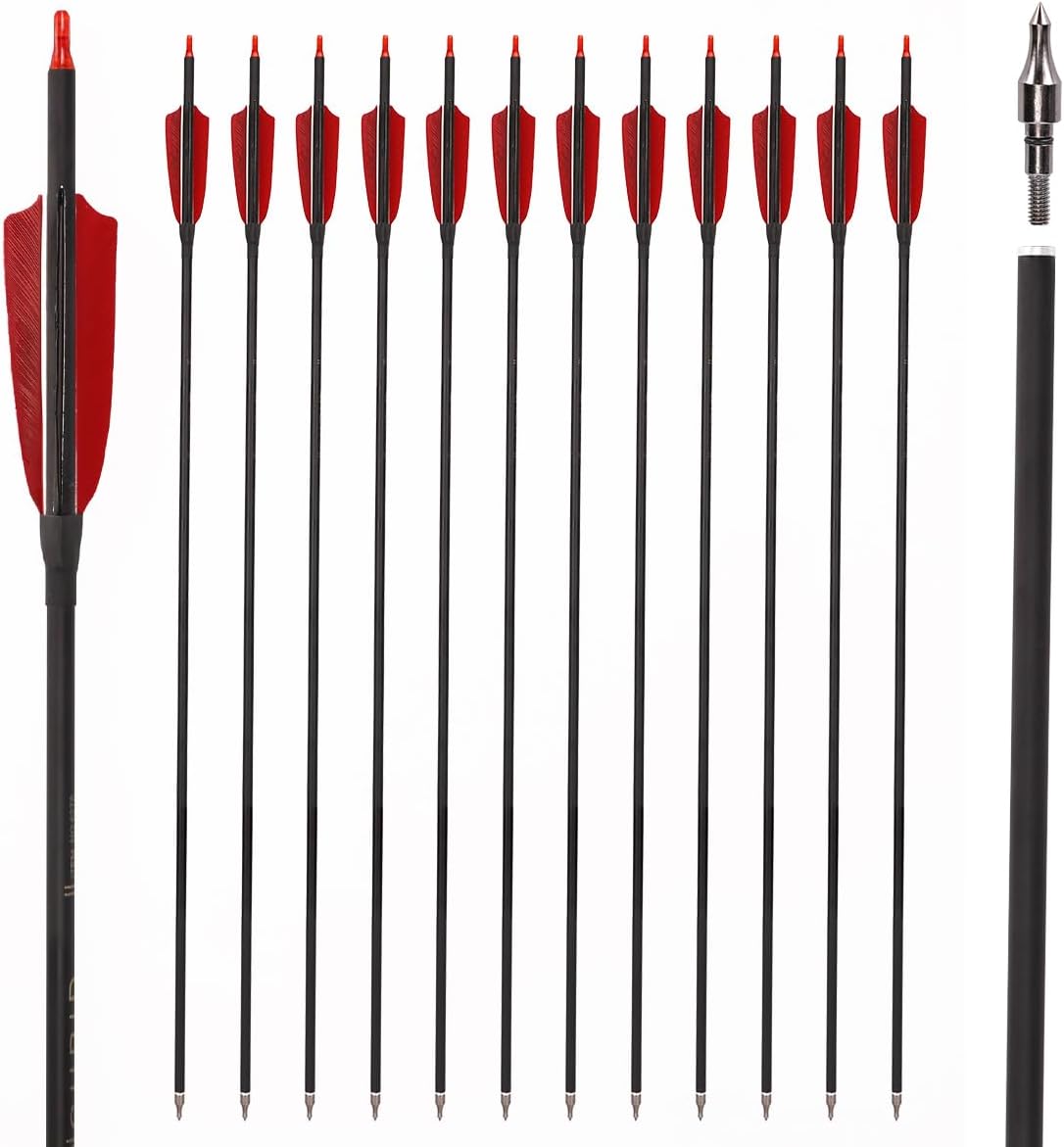 LWANO 30" Carbon Arrows-Archery Target Practice Hunting Arrows with 4" Turkey Feather Spine 500 for Recurve & Long Bow(Pack of 12)