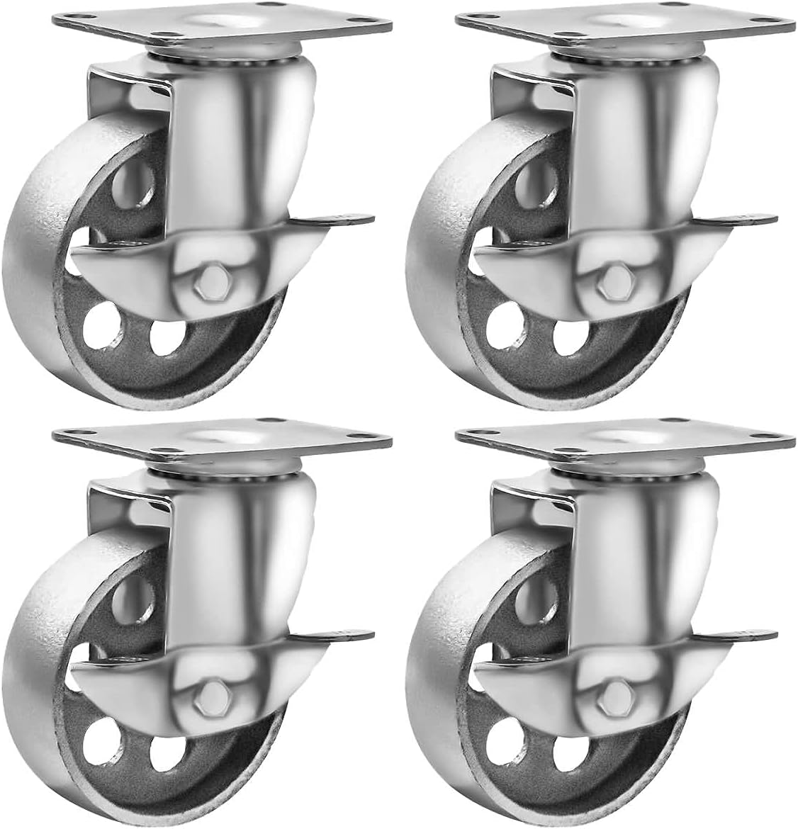 4 All Steel Swivel Plate Caster Wheels w Brake Lock Heavy Duty High-Gauge Steel Gray (3.5" with Brake)